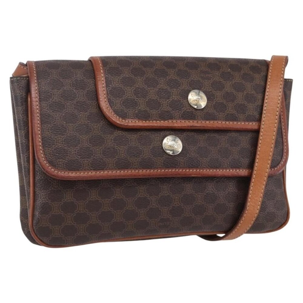 Authentic CELINE Macadam Canvas Shoulder Bag PVC Leather Brown Gold